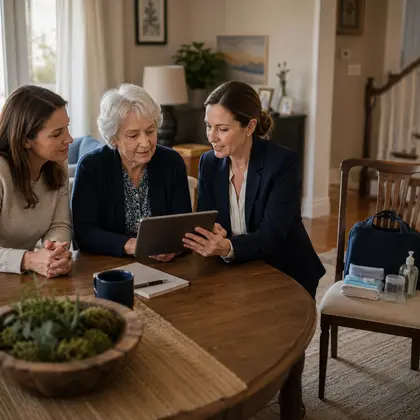 A home-care recipient and family member reviewing a service record