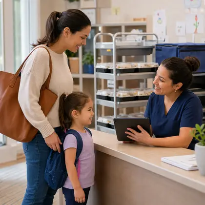 A parent and child confirming a child care attendance record with a provider